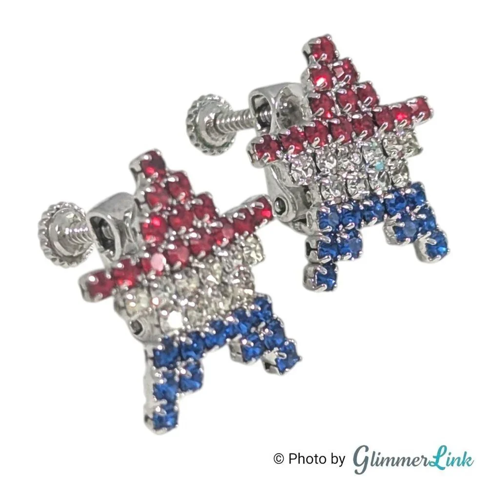 Vintage Patriotic Red White Blue Rhinestone Star Silver Tone Screw Back Earrings